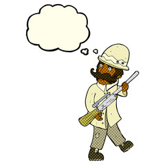 cartoon big game hunter with thought bubble