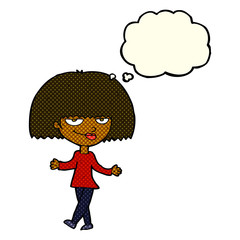 cartoon smug looking woman with thought bubble