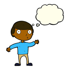 cartoon waving man with thought bubble