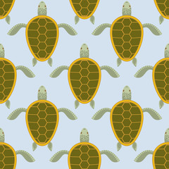 Fototapeta premium Flock of sea turtles. Water turtle seamless pattern. Vector back