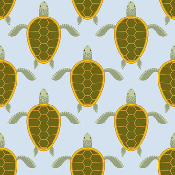 Flock of sea turtles. Water turtle seamless pattern. Vector back