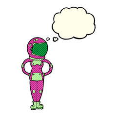 cartoon female astronaut with thought bubble