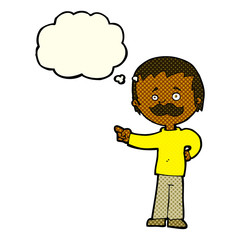 cartoon man with mustache pointing with thought bubble