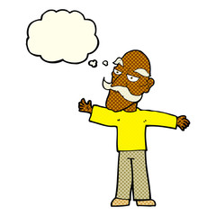 cartoon old man spreading arms wide with thought bubble