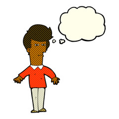 cartoon suspicious man with thought bubble