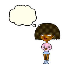 cartoon sly woman with thought bubble