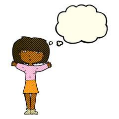 cartoon woman raising arms in air with thought bubble