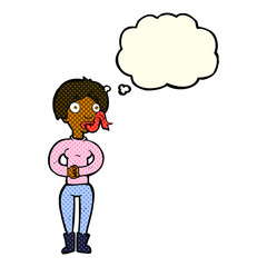 cartoon woman with snake tongue with thought bubble