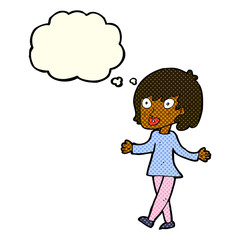 cartoon woman with open arms with thought bubble