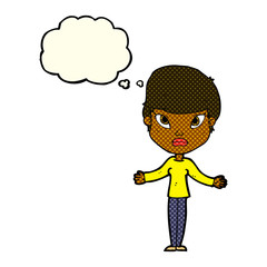 cartoon woman shrugging shoulders with thought bubble