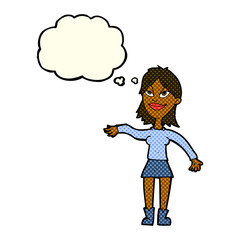 cartoon woman making hand gesture with thought bubble