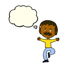 cartoon dancing man with mustache with thought bubble
