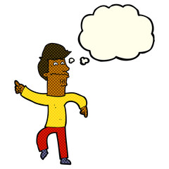 cartoon worried man pointing with thought bubble