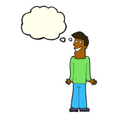 cartoon man shrugging shoulders with thought bubble