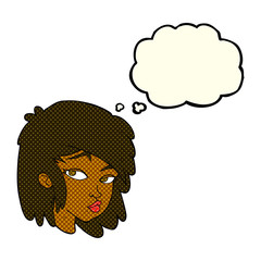 cartoon curious woman with thought bubble