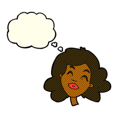 cartoon happy female face with thought bubble