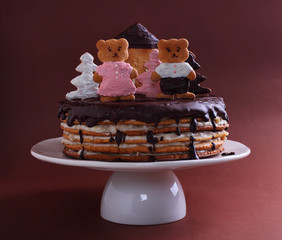 Cake honey cake decorated with figures of bears