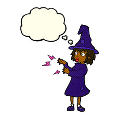 cartoon witch casting spell with thought bubble