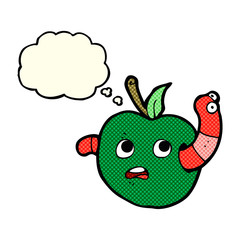 cartoon worm in apple with thought bubble