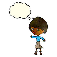 cartoon woman giving thumbs up symbol with thought bubble