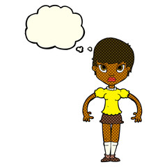 cartoon woman looking annoyed with thought bubble