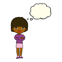 cartoon woman with folded arms with thought bubble