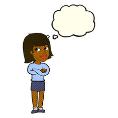 cartoon happy woman looking over with thought bubble