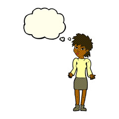 cartoon woman shrugging shoulders with thought bubble