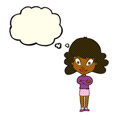 cartoon happy woman with folded arms with thought bubble