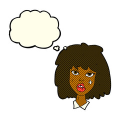 cartoon woman with bruised face with thought bubble