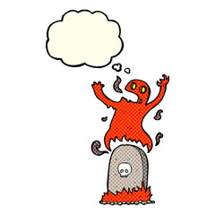 cartoon ghost rising from grave with thought bubble