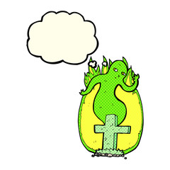 cartoon ghost rising from grave with thought bubble
