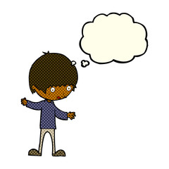 cartoon boy with outstretched arms with thought bubble