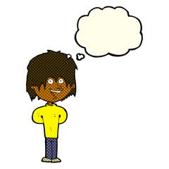 cartoon happy scruffy boy with thought bubble