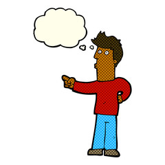 cartoon curious man pointing with thought bubble