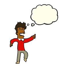 cartoon frightened man pointing with thought bubble