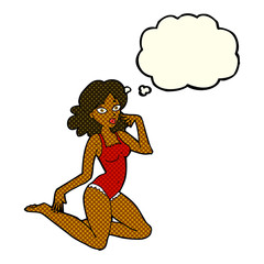 cartoon woman in lingerie with thought bubble