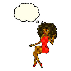 cartoon sitting woman waving with thought bubble