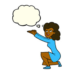 cartoon woman presentation gesture with thought bubble