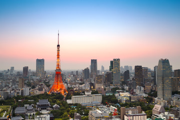 Fototapeta premium Panoramę miasta Tokio o zachodzie słońca, Japonia