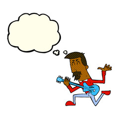 cartoon man playing electric guitar with thought bubble