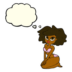 cartoon woman wearing bikini with thought bubble