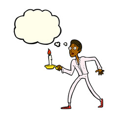 cartoon frightened man walking with candlestick with thought bub