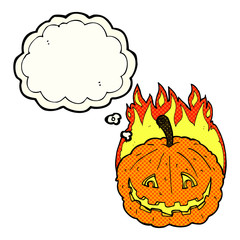 cartoon grinning pumpkin with thought bubble