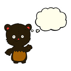 cartoon little black bear waving with thought bubble