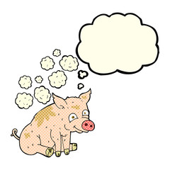 cartoon smelly pig with thought bubble