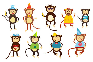 Obraz premium Happy cartoon vector monkey dancing party birthday background