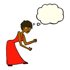 cartoon woman in dress gesturing with thought bubble