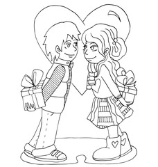 the youth celebrates love, first love, first kiss young hand drawing for coloring  isolated on the white background