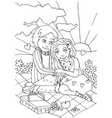 the youth celebrates love, first love, first kiss young hand drawing for coloring  isolated on the white background
